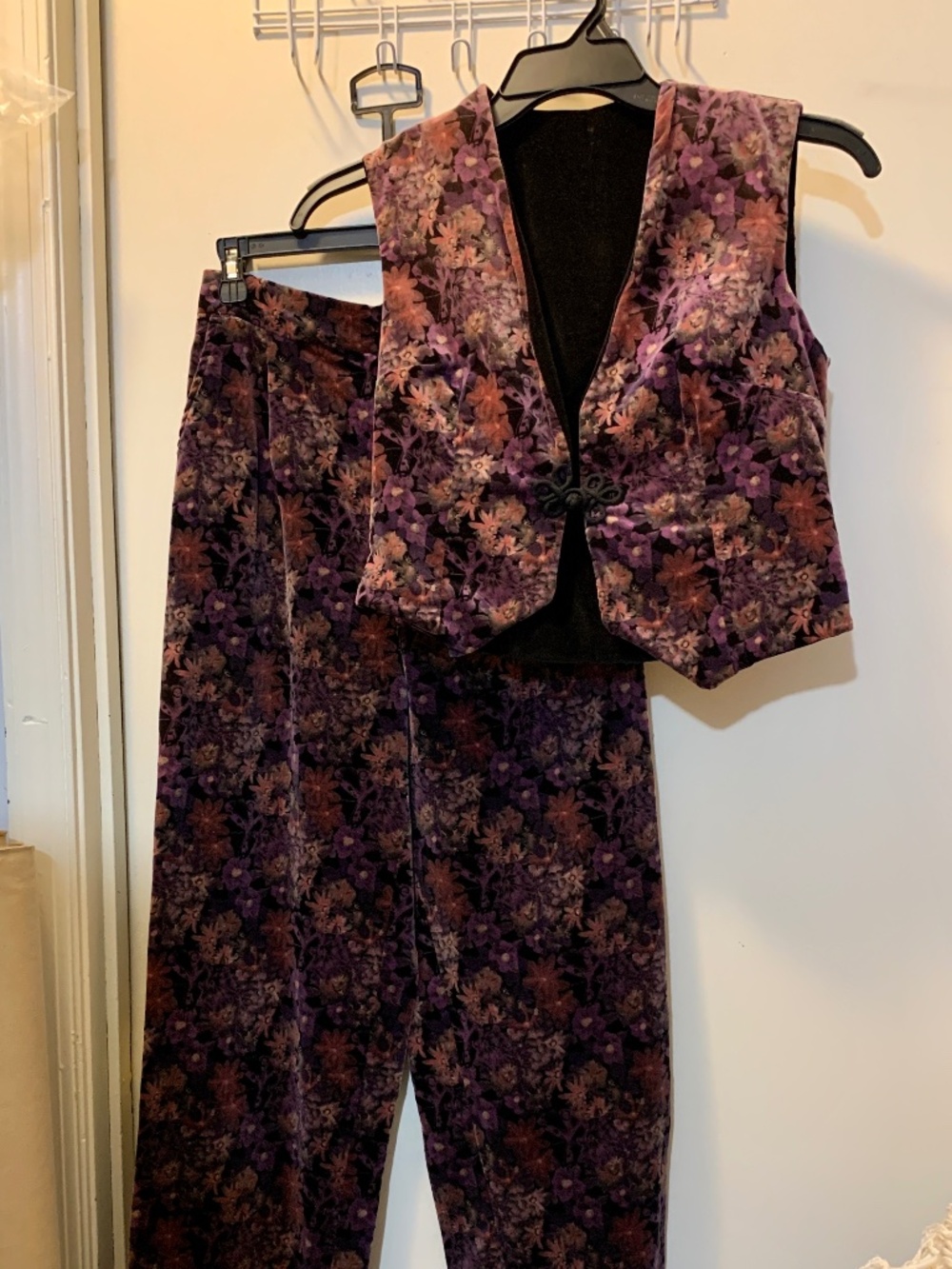 Vintage Hand Made Purple Floral Crushed Velvet Vest & Pants - 70's Disco Ready!